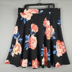 GNW Women's Plus 2X Pixelated Floral Skater Skirt Black Pink Rosette Office Twee